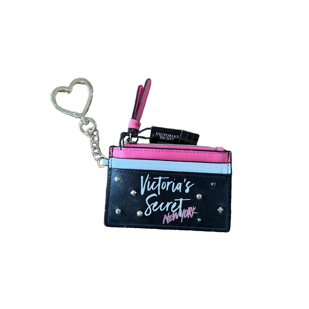 Victoria's Secret New York Card Holder Keychain Pink White Black with Studs - Picture 1 of 5